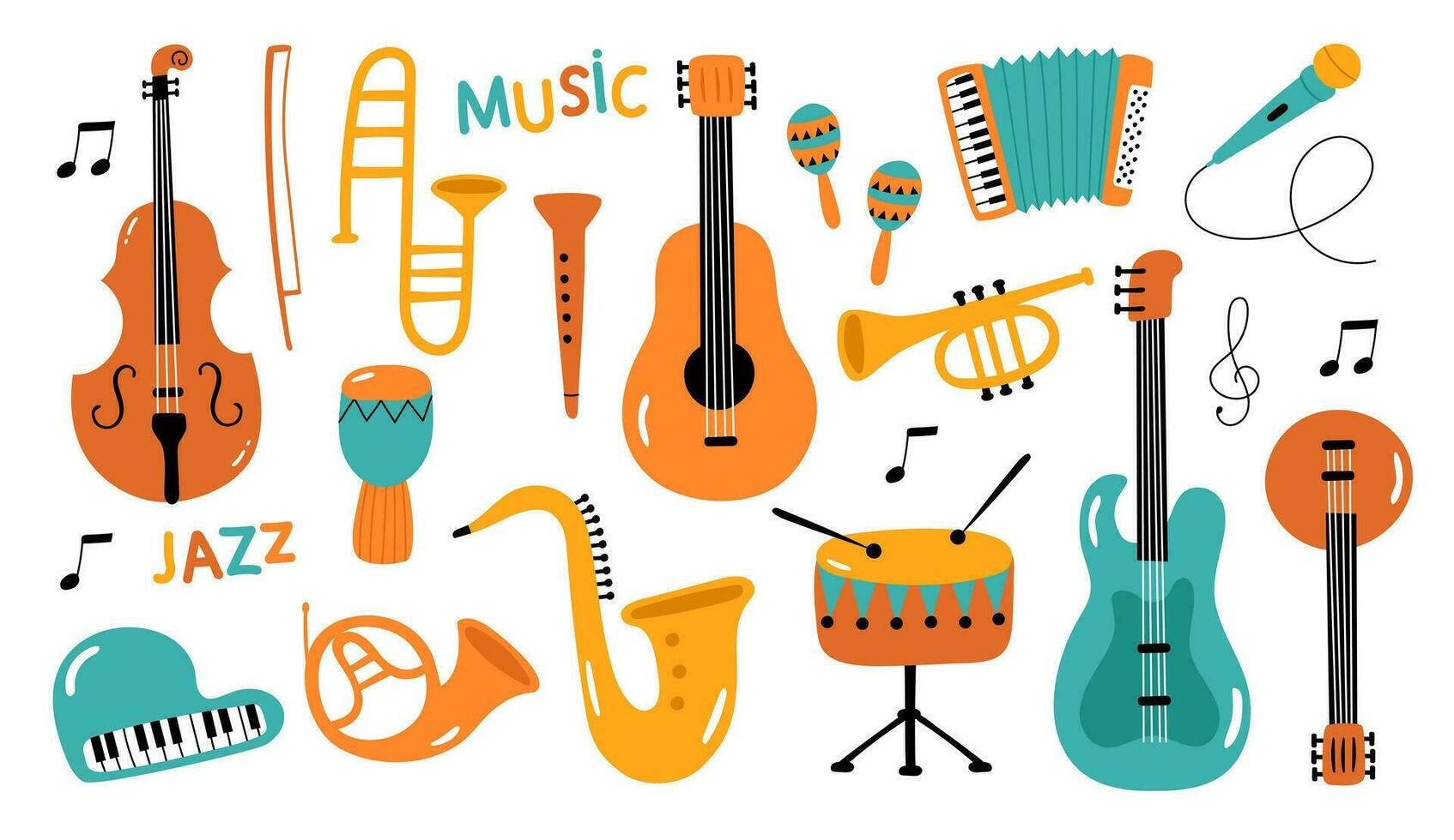 conjunto de musical instrumentos en dibujos animados estilo aislado en blanco antecedentes. vector ilustración