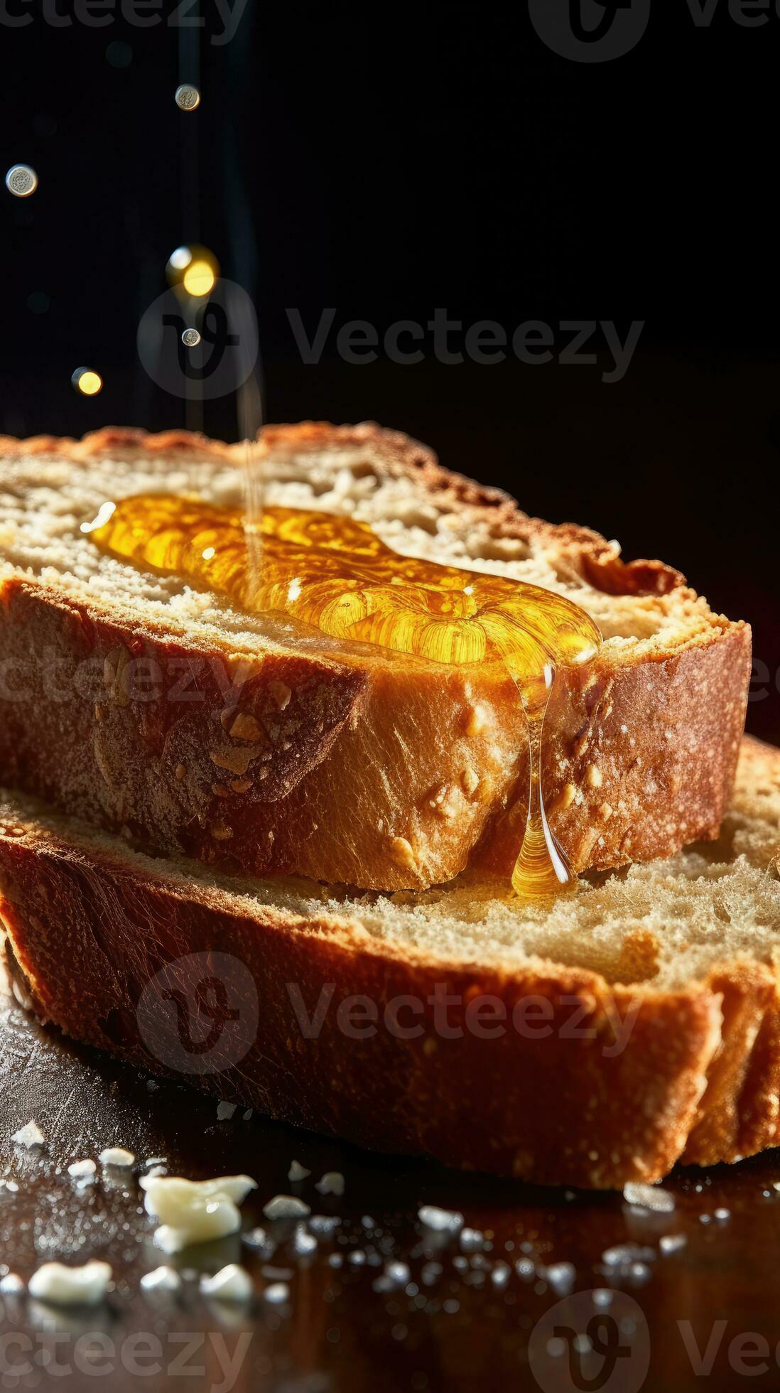 A slice of bread with butter and honey dripping down the side 28346911