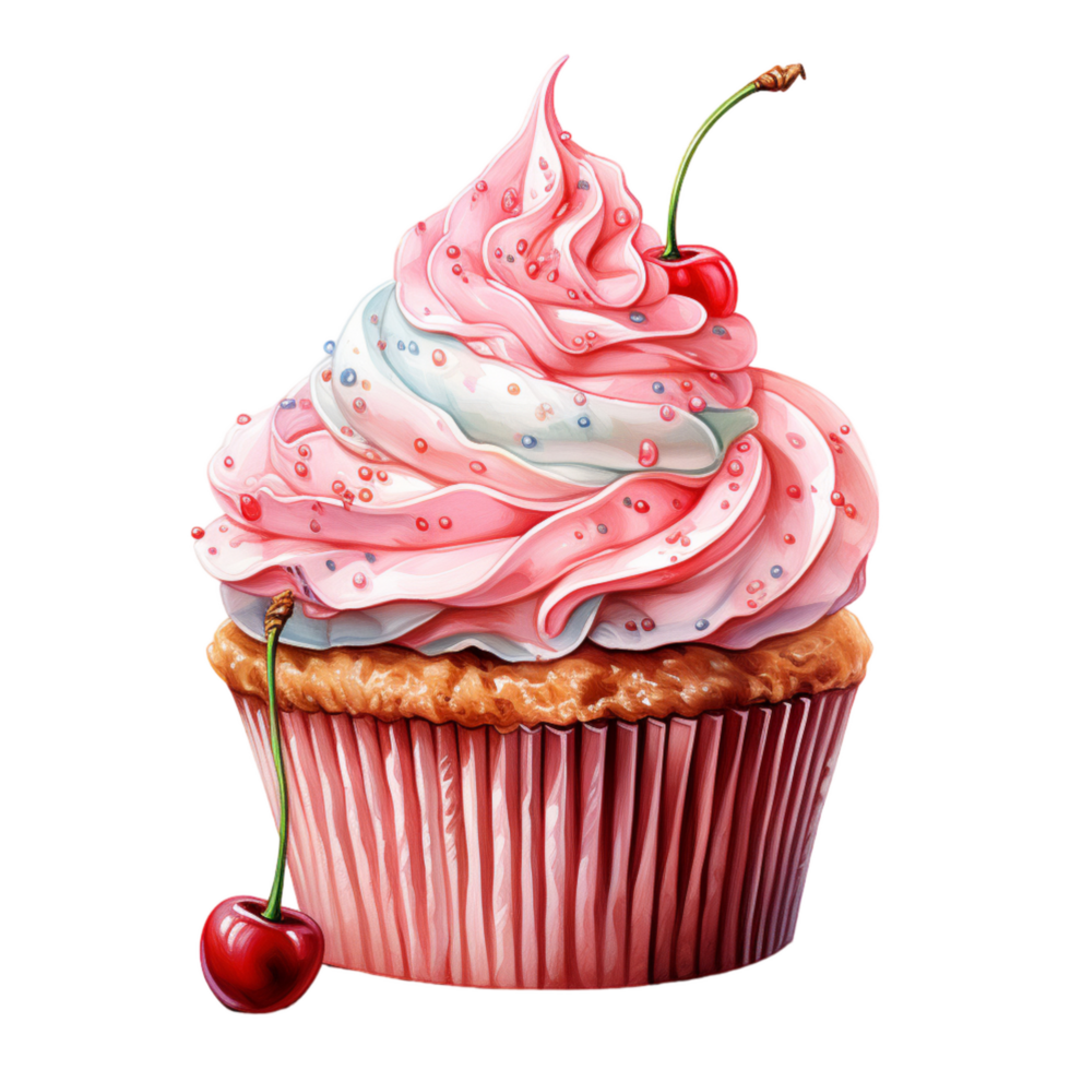 cupcake with pink cream and berries, Birthday cake,AI Generated png