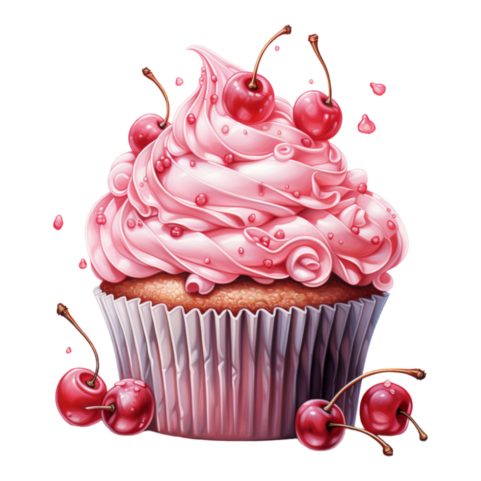 cupcake with pink cream and berries, Birthday cake,AI Generated png