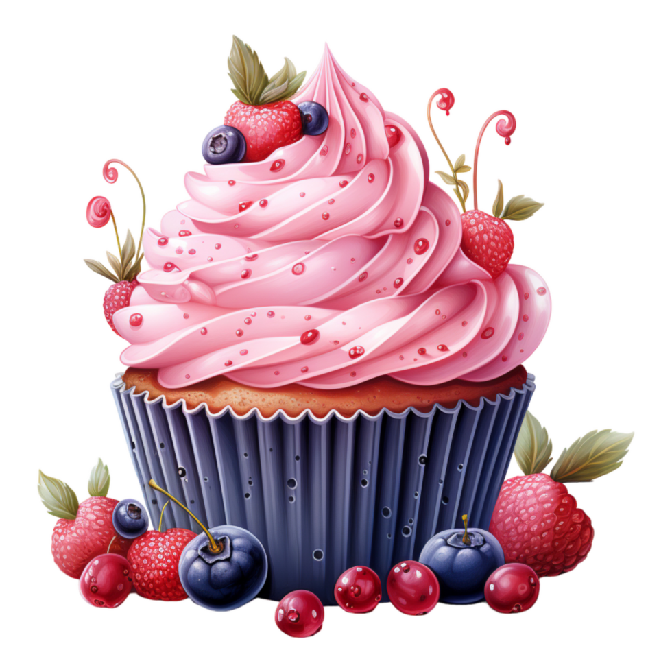 cupcake with pink cream and berries, Birthday cake,AI Generated png