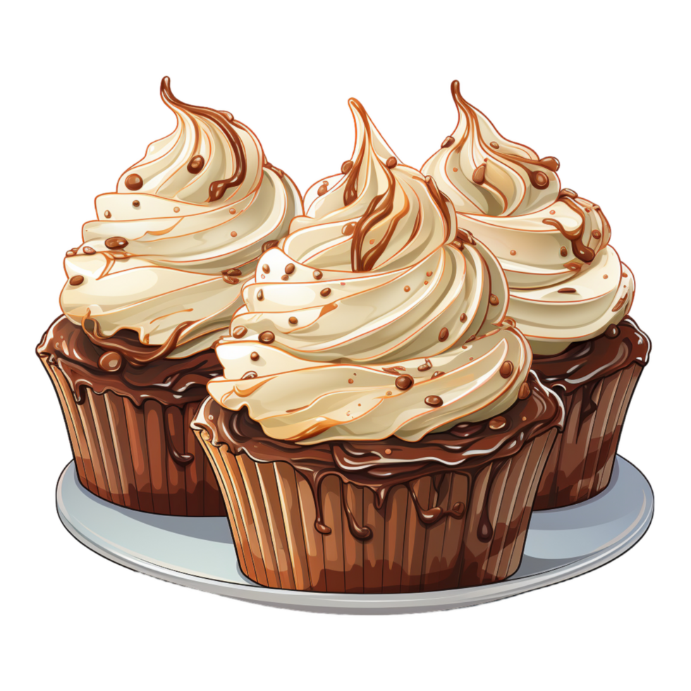 Chocolate cupcake with cream and chocolate icing. Ai illustration. AI Generated png