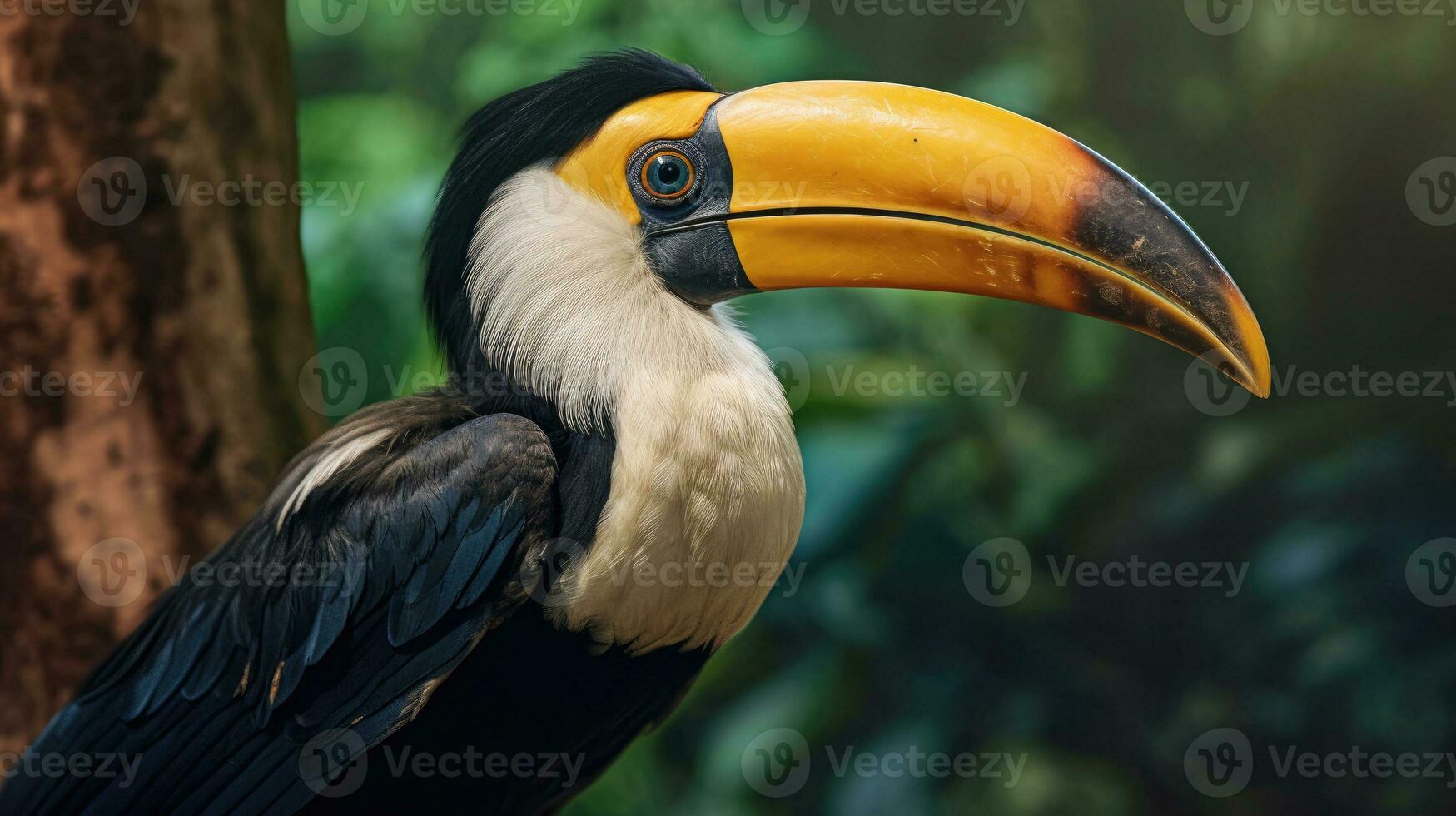 A Great Hornbill, also known as the great Indian hornbill or great pied hornbill, is one of the larger members of the hornbill family. Generative Ai photo