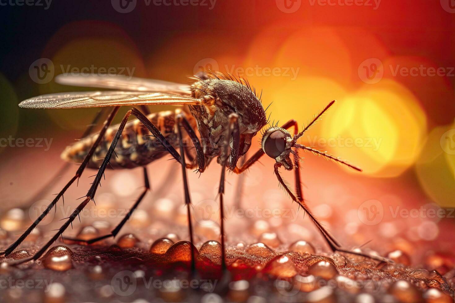 Aedes mosquito that carries dengue fever, Zika virus is sucking blood on a person's skin. Mosquitoes are carriers of dengue fever and malaria. Chikungunya, Mayaro, Yellow fever. Generative Ai photo