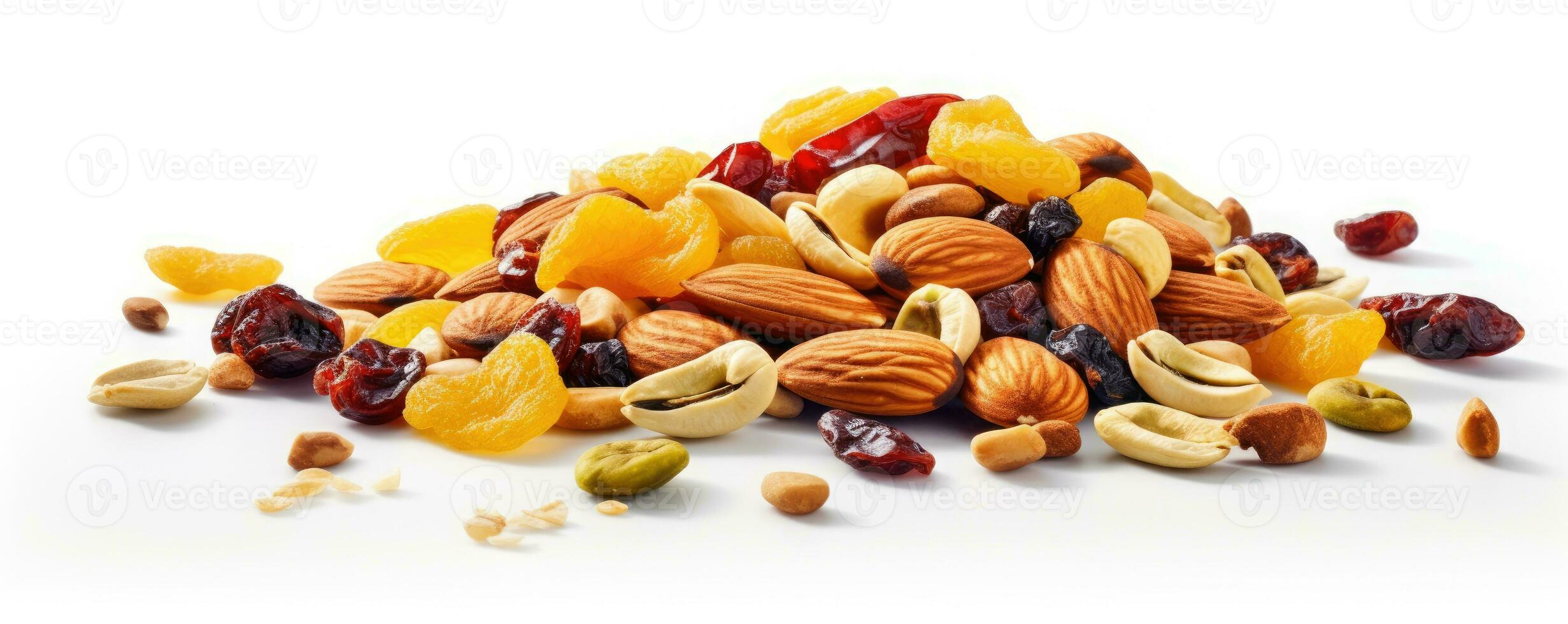 Footer of mix dry fruit on white background, AI Generated photo