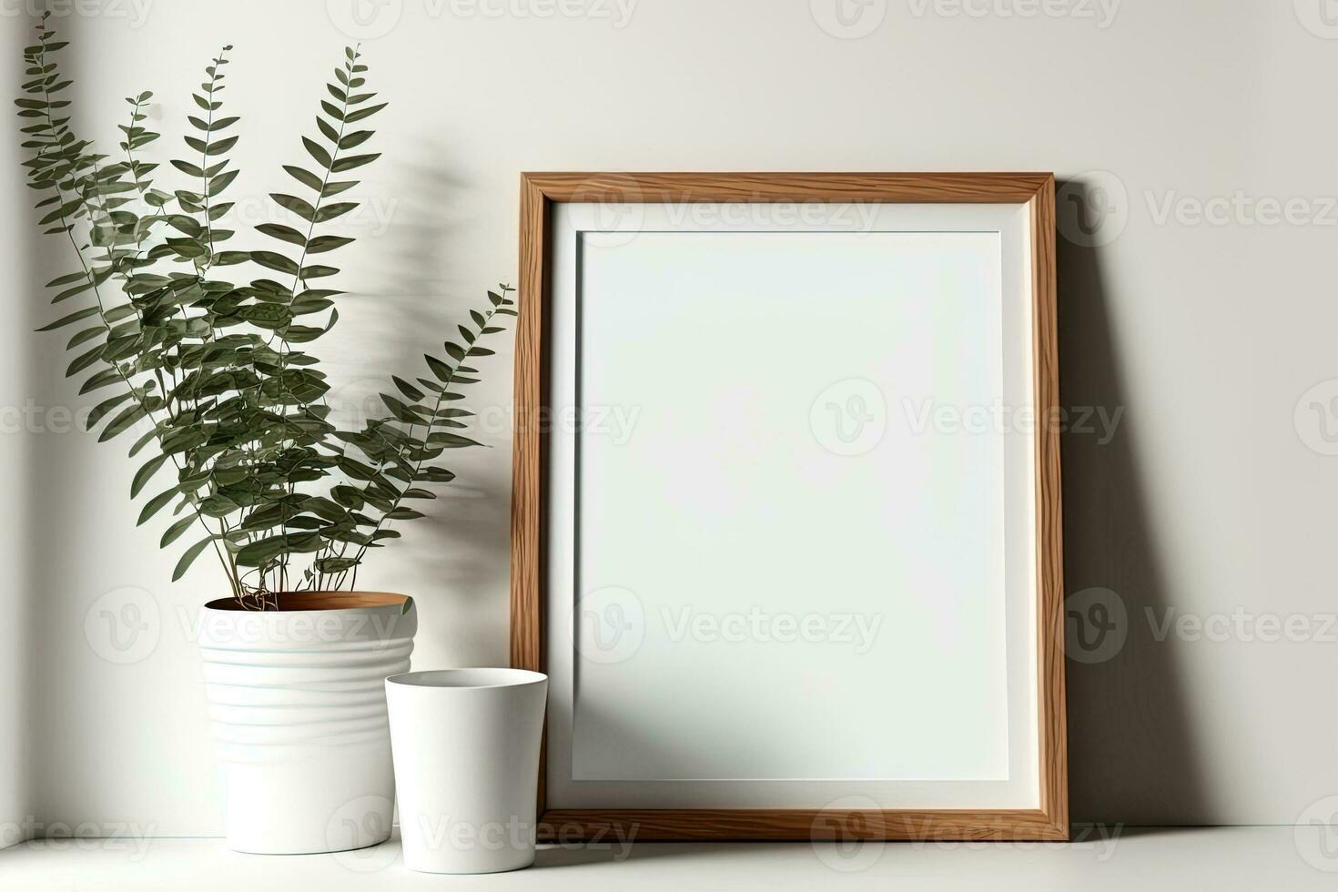 Wooden frame mockup on white wall minimalistic interior with copy space for artwork, photo, painting or print presentation. Generative AI photo