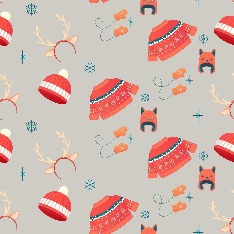 Seamless pattern cosy with winter accessories, jumper, hat, scarf, mugs. vector