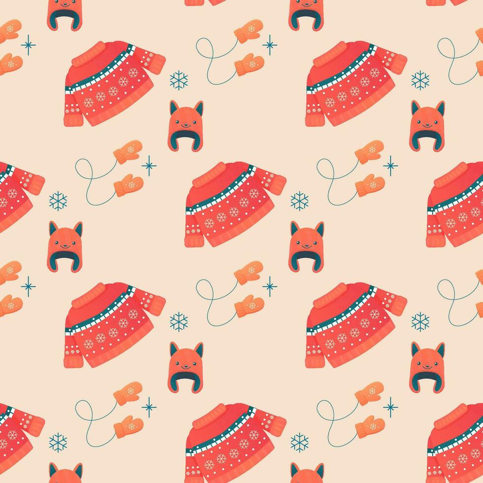Seamless pattern cosy with winter accessories, jumper, hat, scarf, mugs. vector