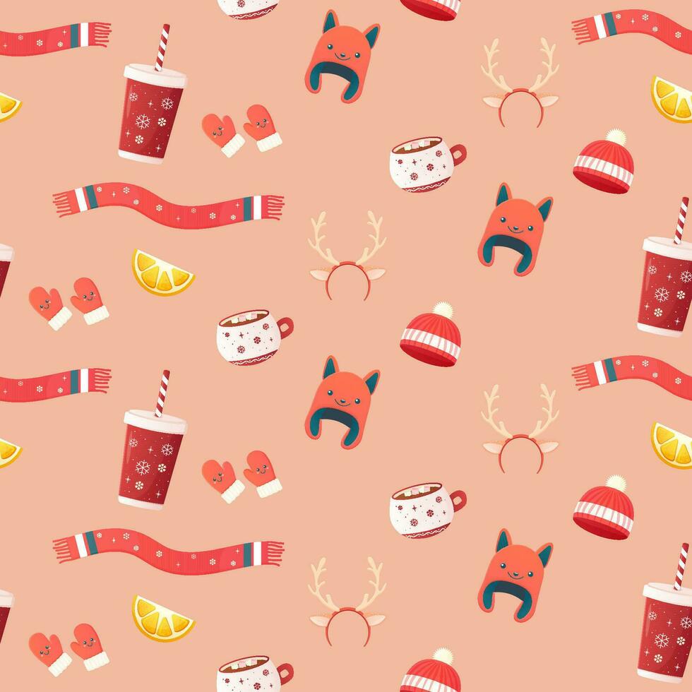 Seamless pattern cosy with winter accessories, jumper, hat, scarf, mugs. vector