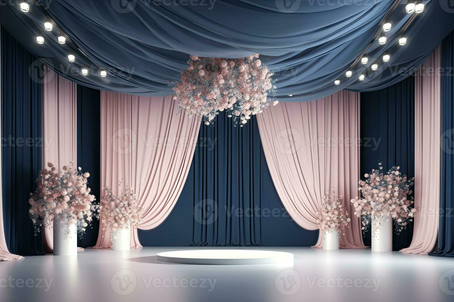 A stage with columns and flowers in pink and white photo
