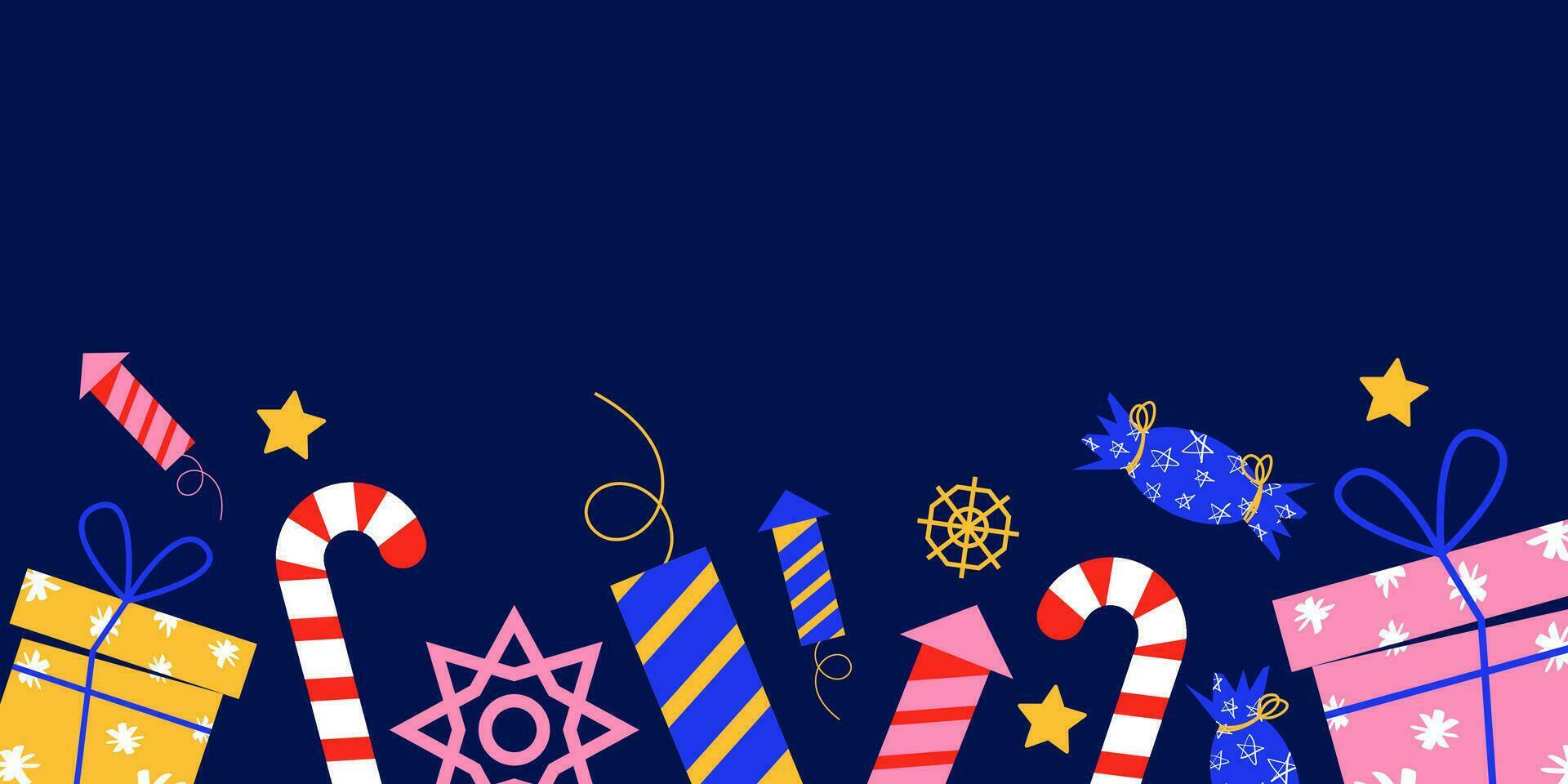 New Year background with gifts. Vector blue background with place for text. Multi-colored gifts and holiday elements. Lollipop, firecrackers, star.