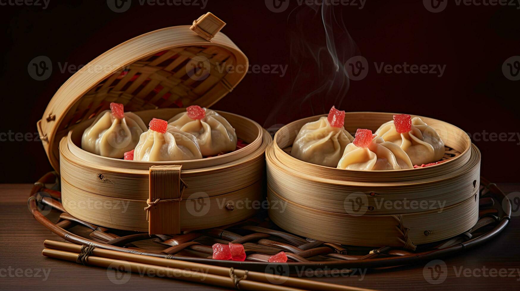 Bamboo container with chines dumplings Generative AI photo