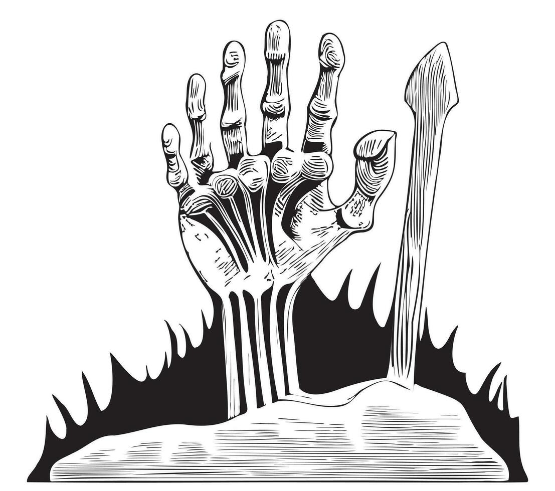 Bone hand sticking out of the grave hand drawn sketch Halloween illustration vector