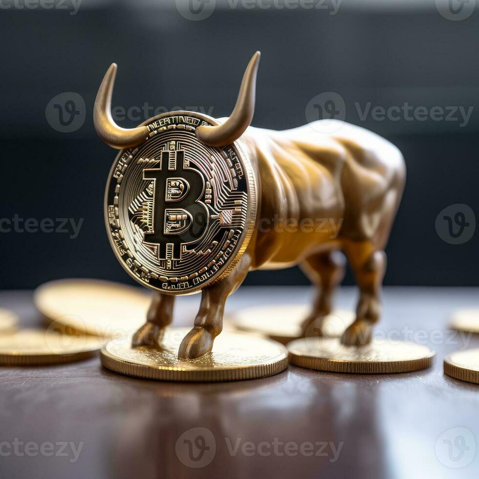 Closeup of a Bitcoin with a Bull Generative AI photo