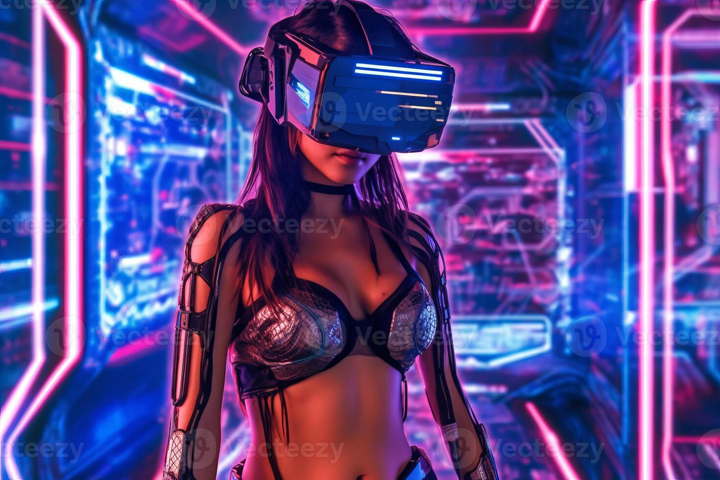 Heavily Stylized Portrait of a Woman Immersed in a VR Headset Simulation photo