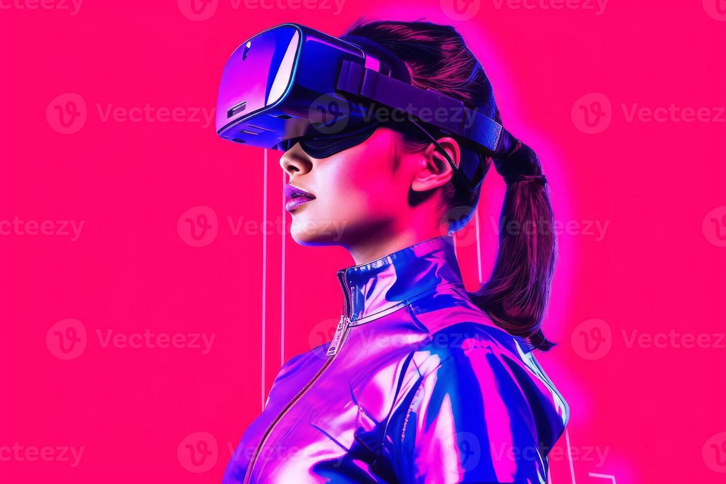 Heavily Stylized Portrait of a Woman Immersed in a VR Headset Simulation photo