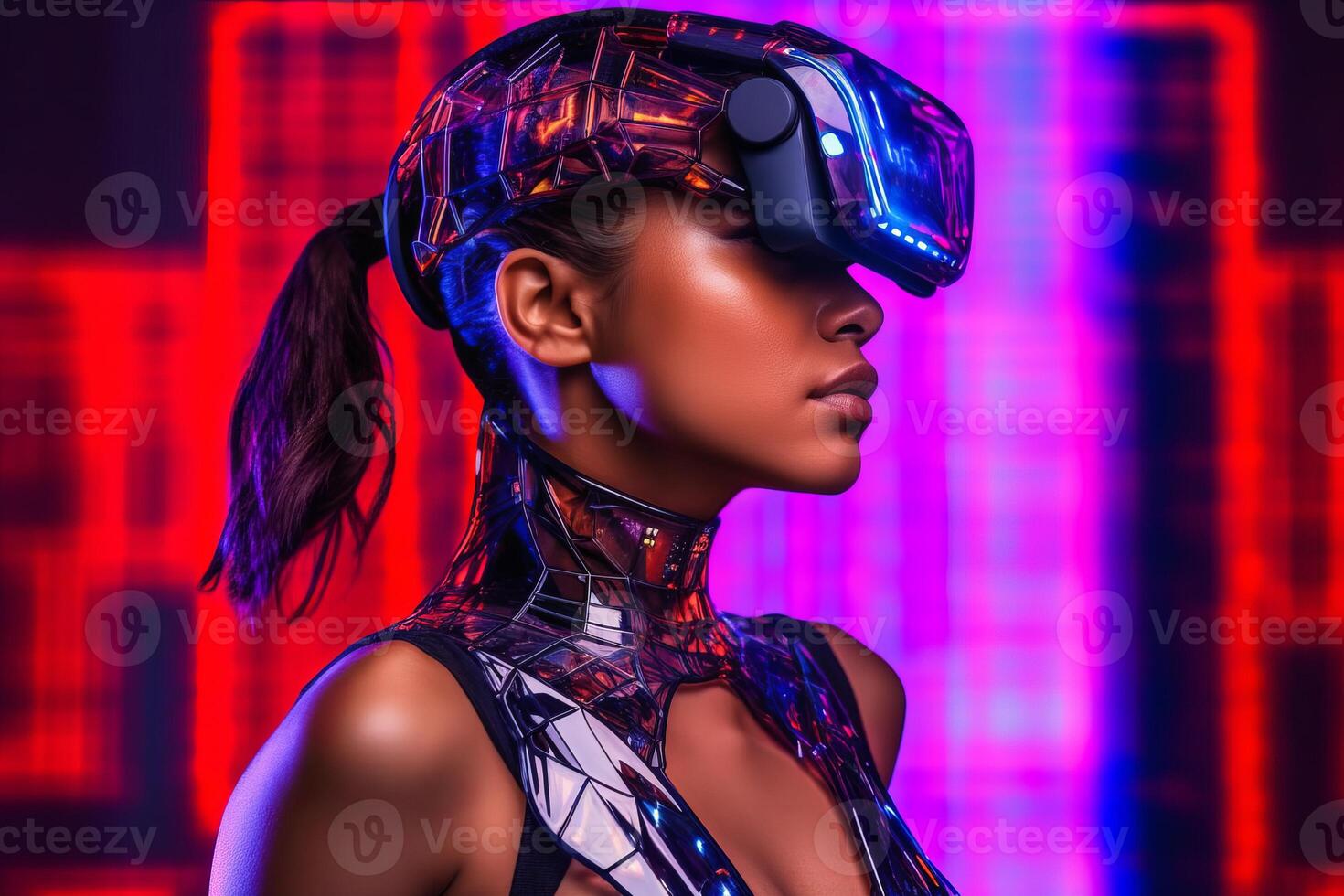 Heavily Stylized Portrait of a Woman Immersed in a VR Headset Simulation photo