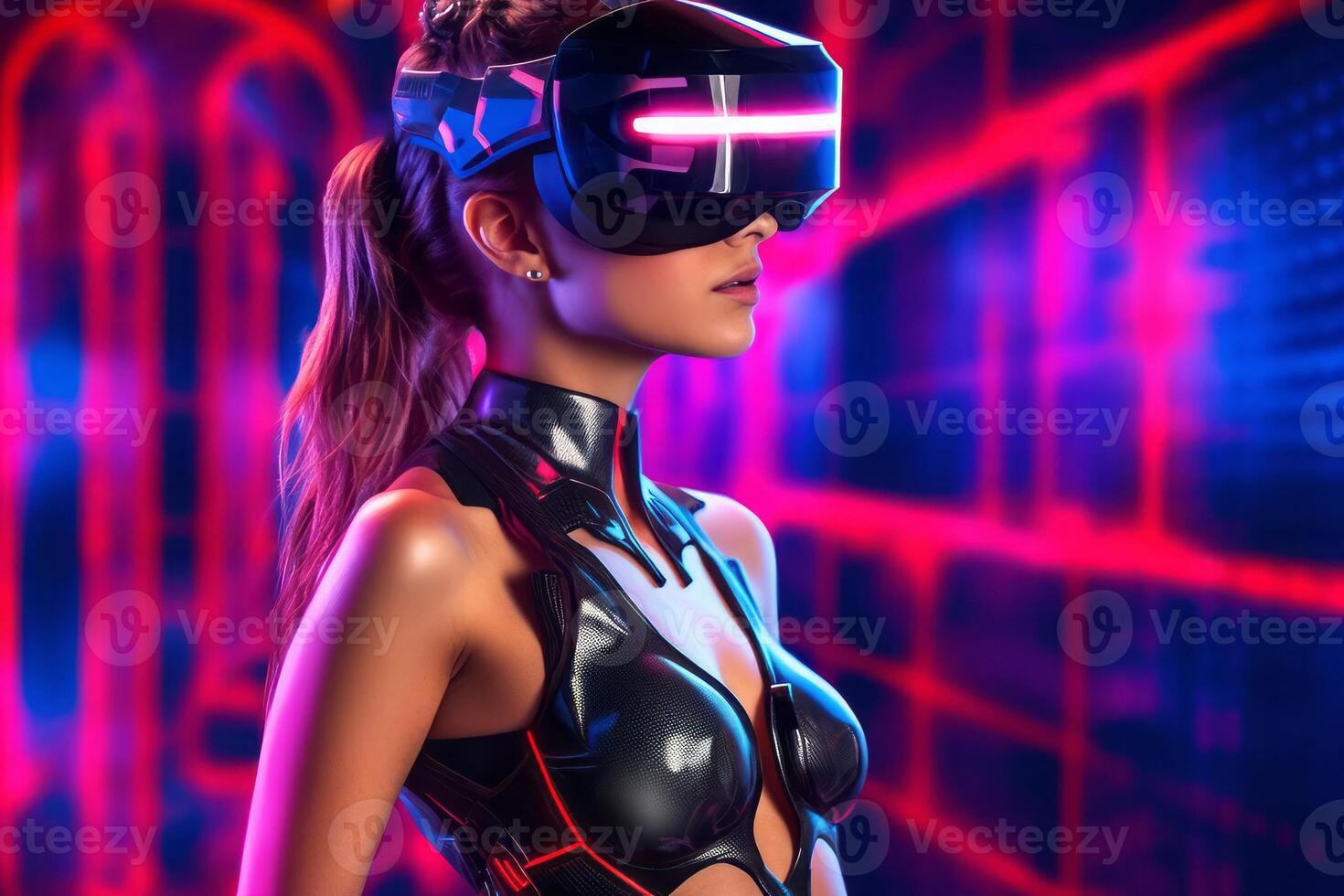 Heavily Stylized Portrait of a Woman Immersed in a VR Headset Simulation photo
