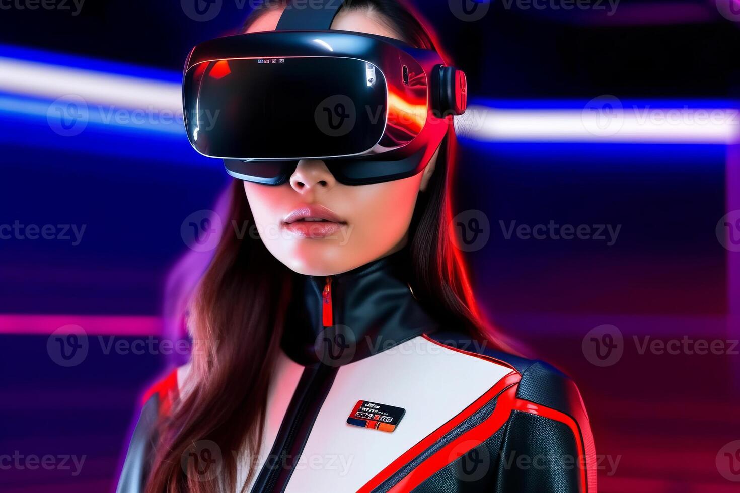 Heavily Stylized Portrait of a Woman Immersed in a VR Headset Simulation photo