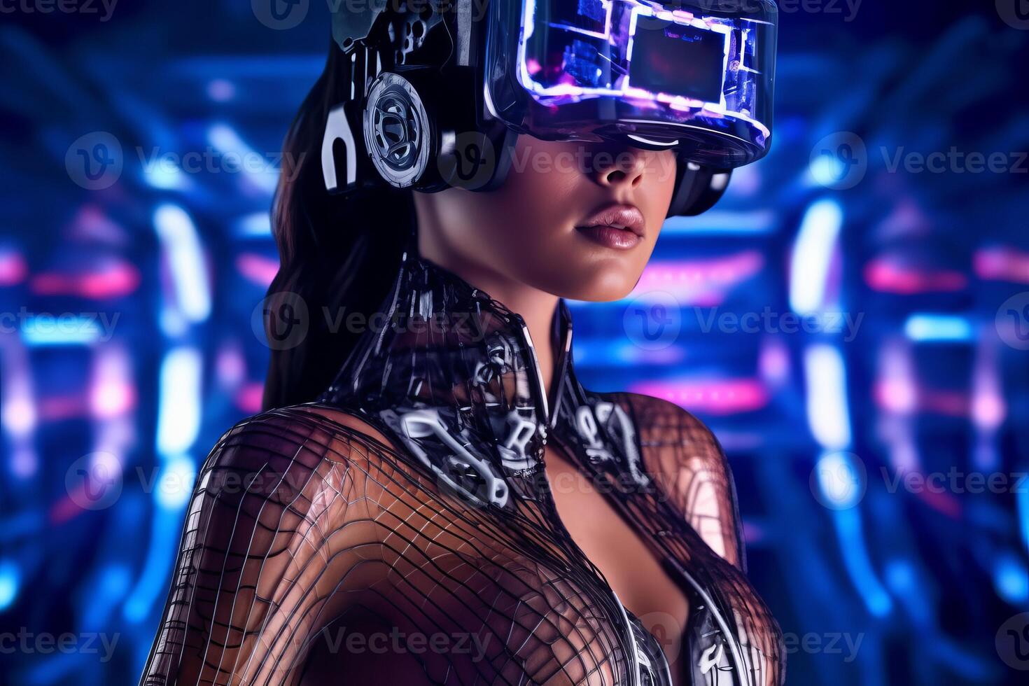 Heavily Stylized Portrait of a Woman Immersed in a VR Headset Simulation photo