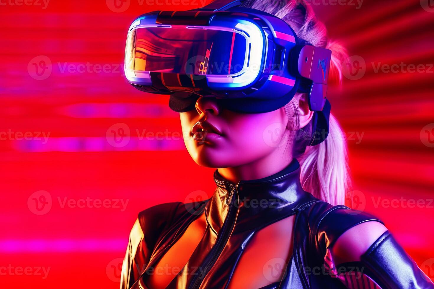 Heavily Stylized Portrait of a Woman Immersed in a VR Headset Simulation photo