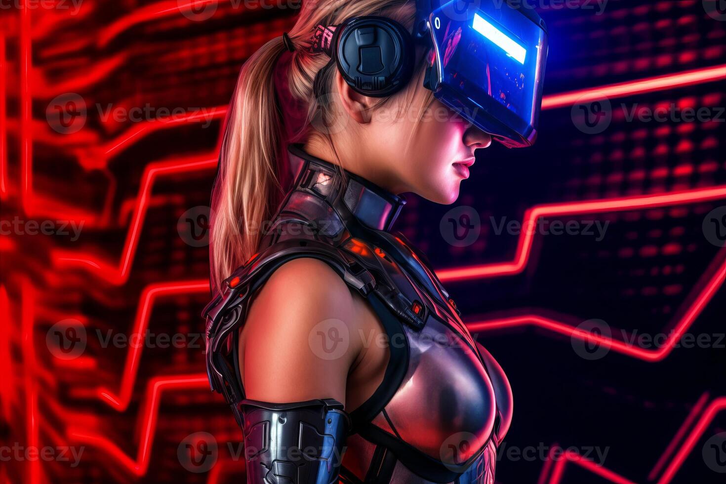 Heavily Stylized Portrait of a Woman Immersed in a VR Headset Simulation photo