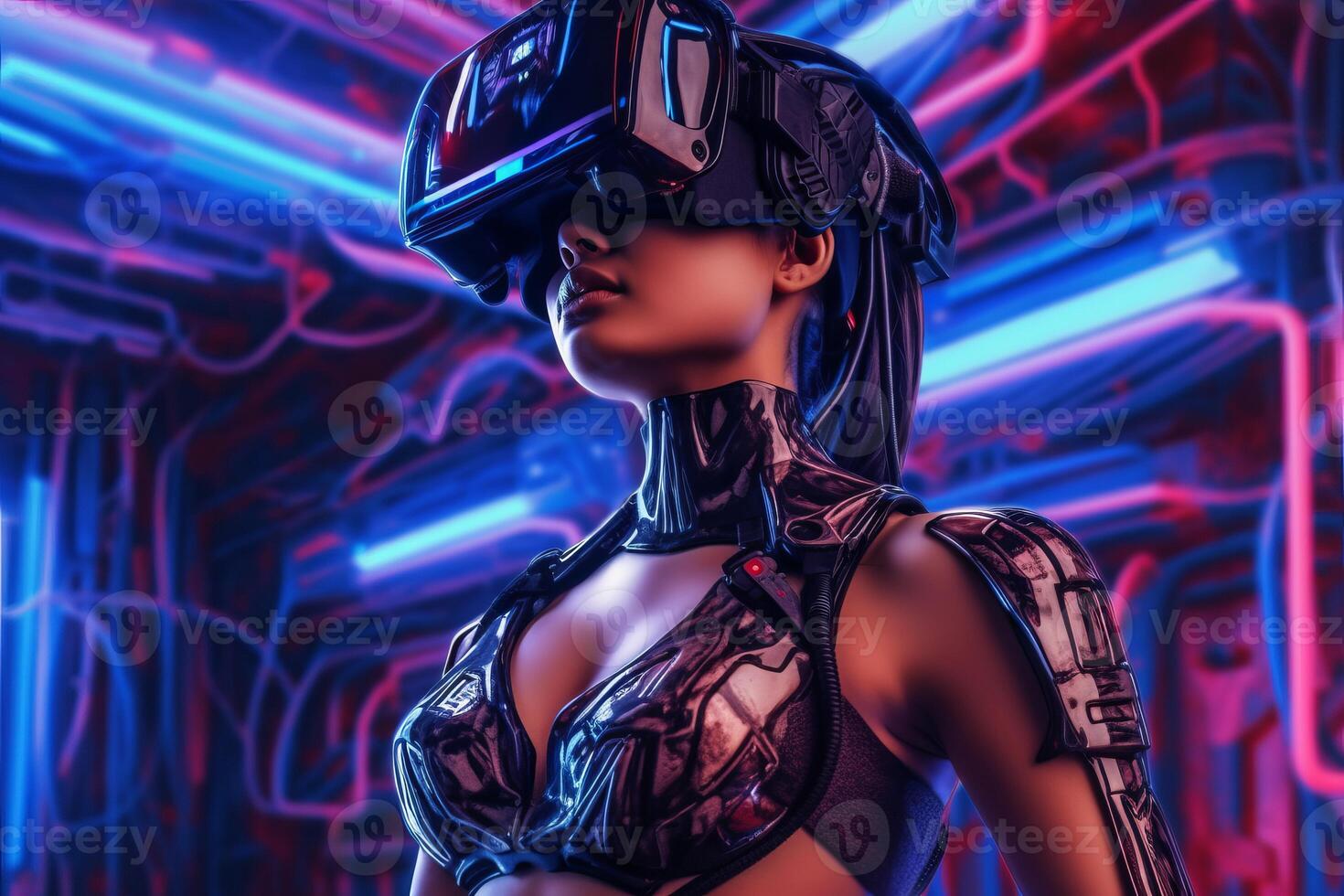 Heavily Stylized Portrait of a Woman Immersed in a VR Headset Simulation photo