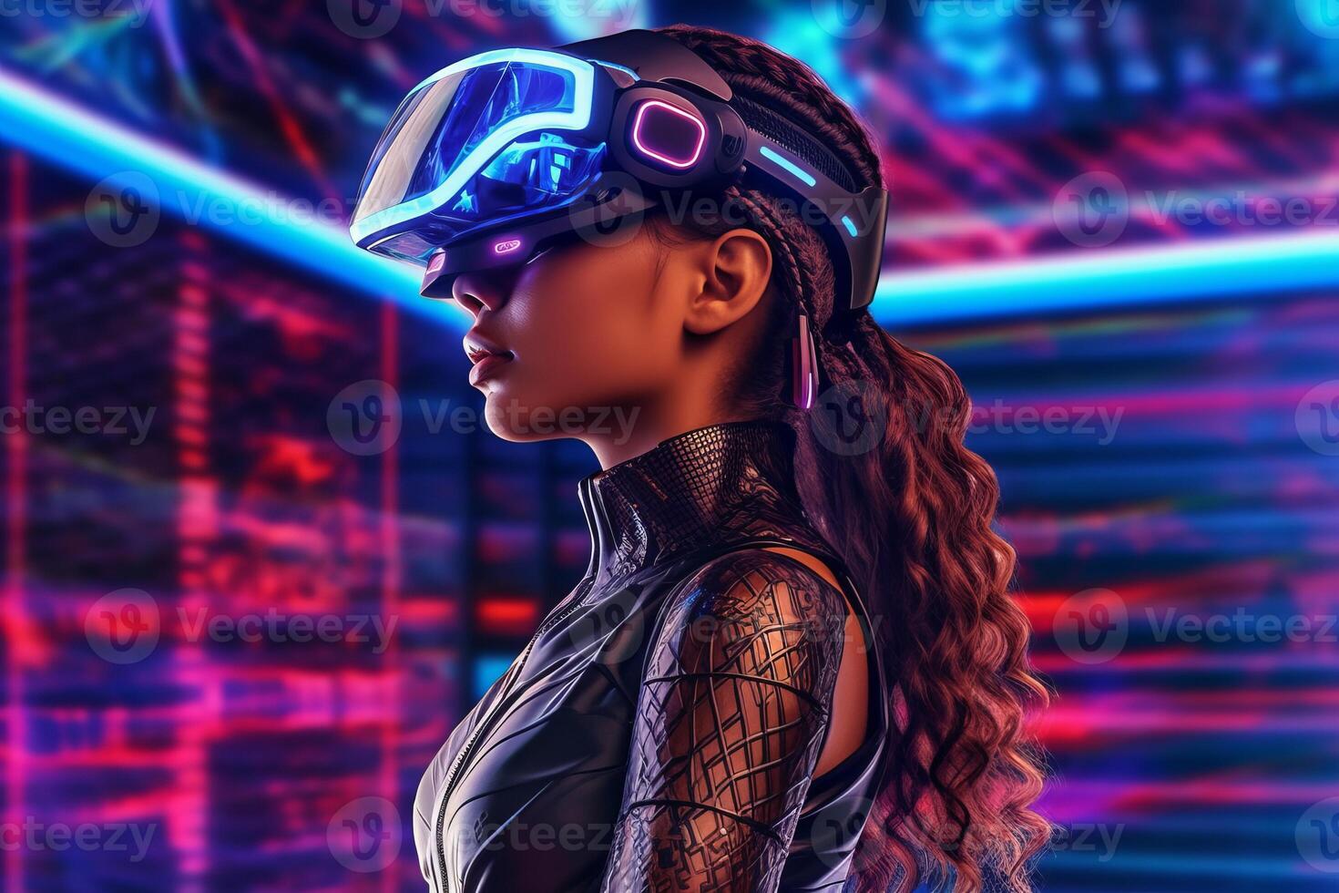 Heavily Stylized Portrait of a Woman Immersed in a VR Headset Simulation photo