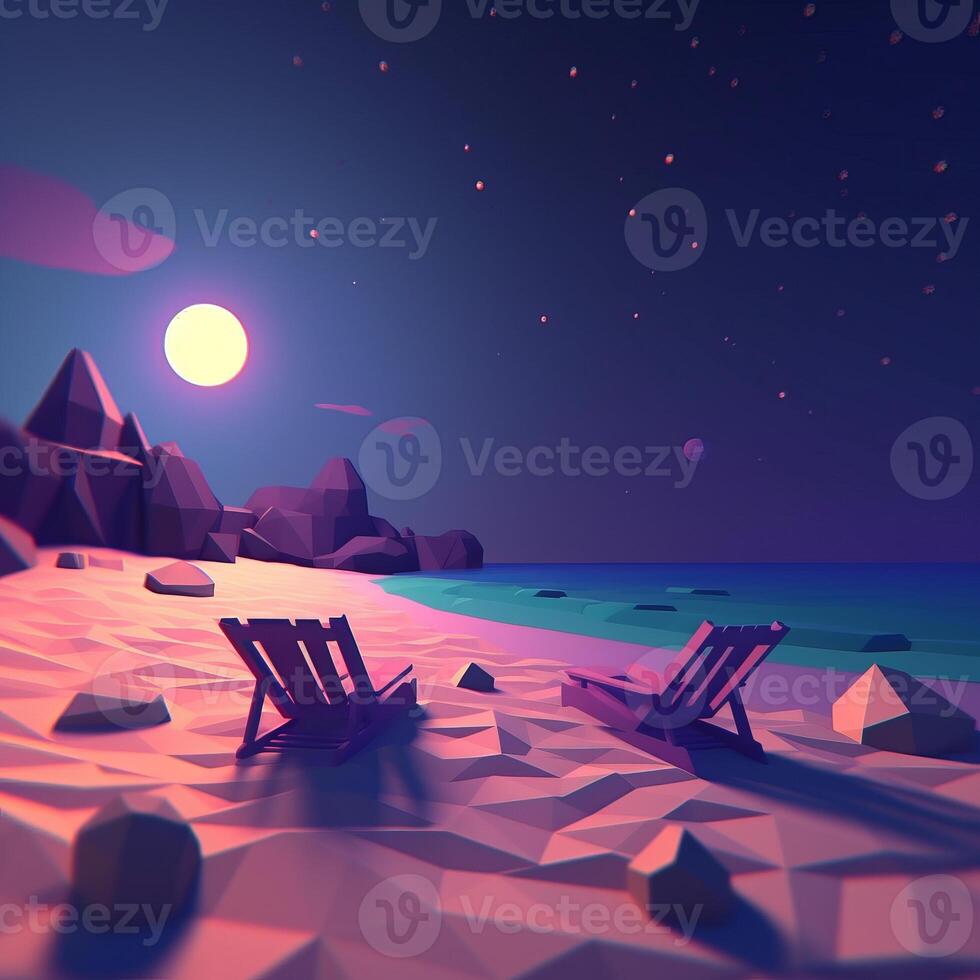 Low-Poly Summer Night Beachscape photo