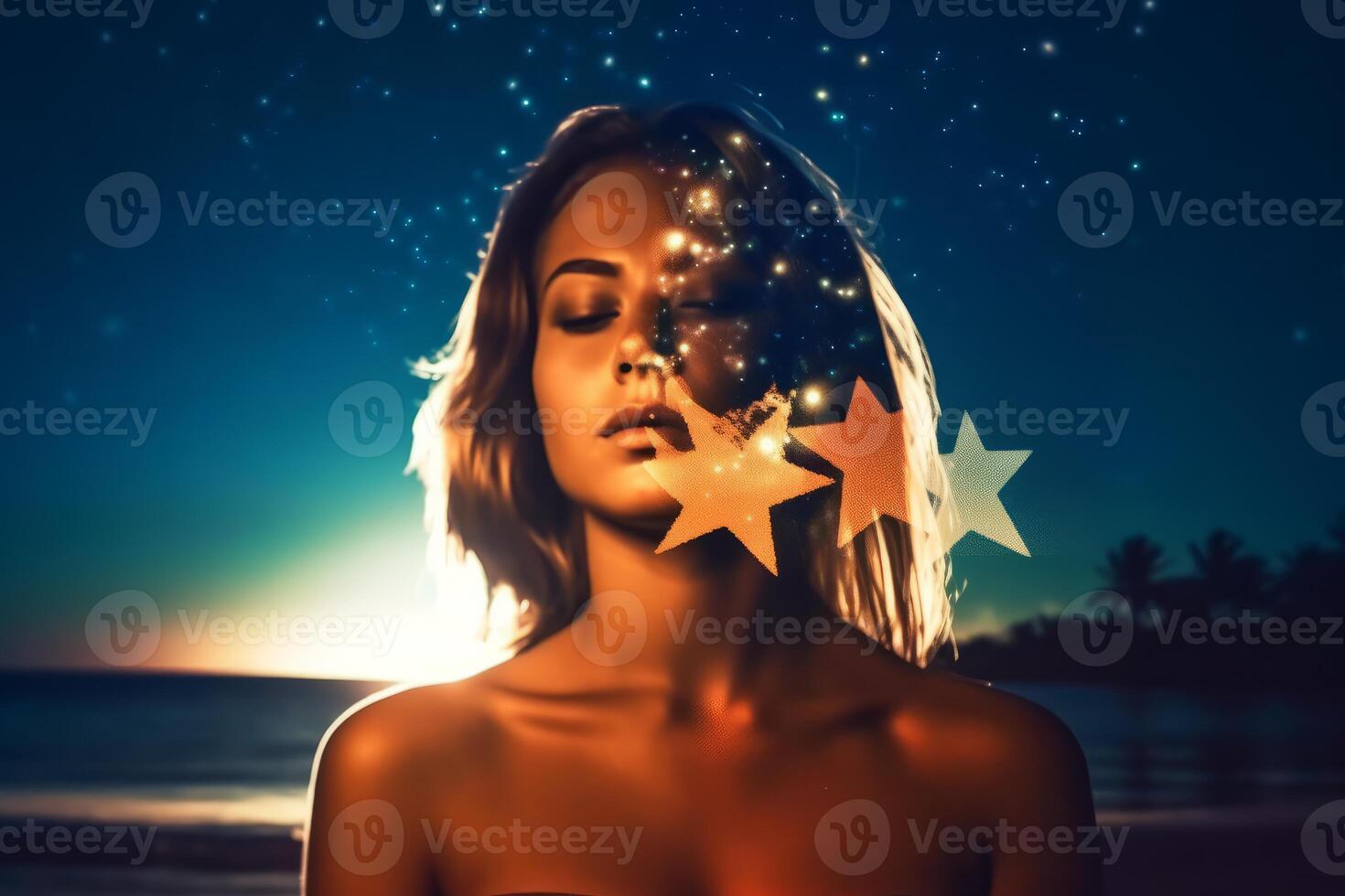 Summer Themed Double Exposure Moonlit Bikini Portrait photo