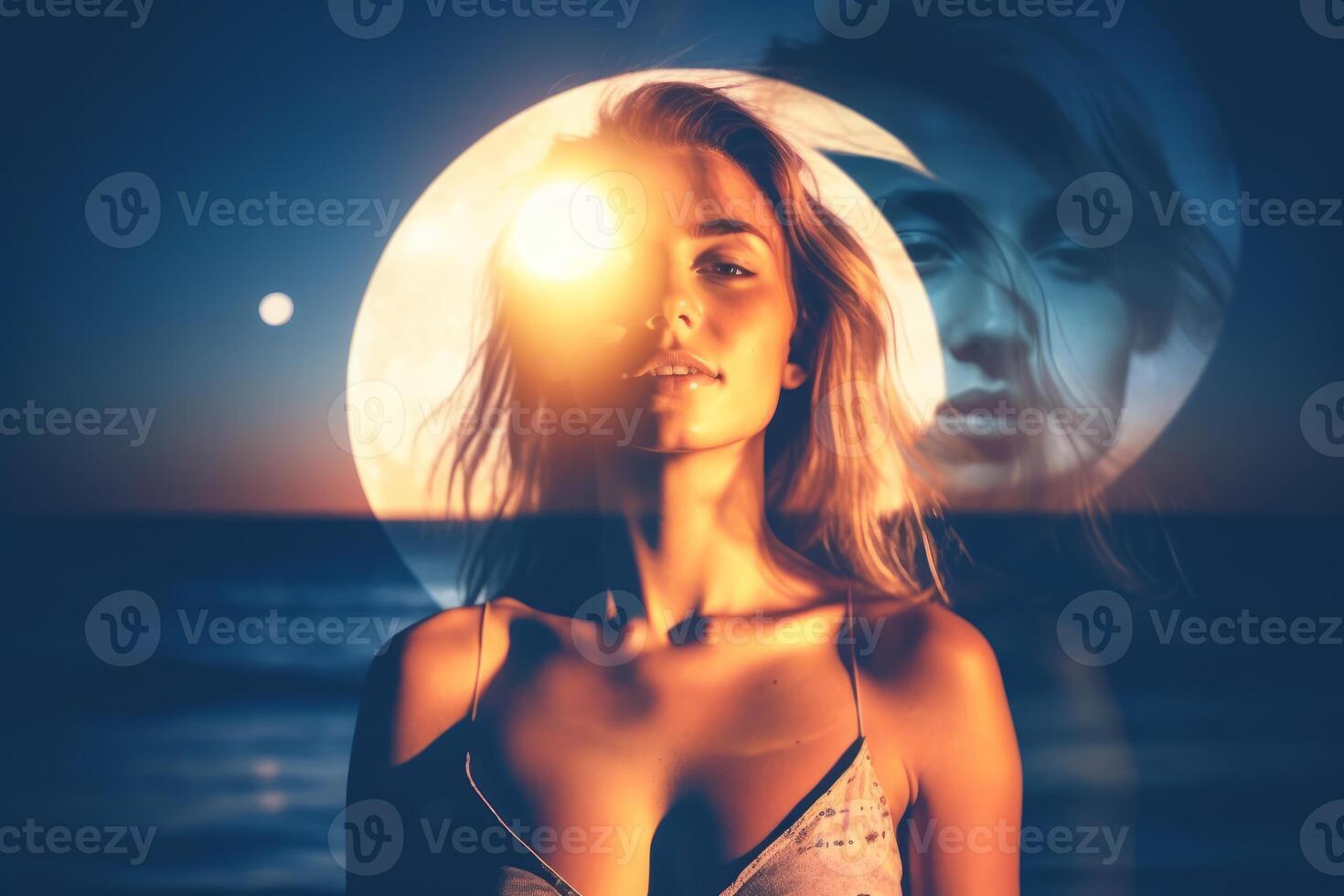 Summer Themed Double Exposure Moonlit Bikini Portrait photo