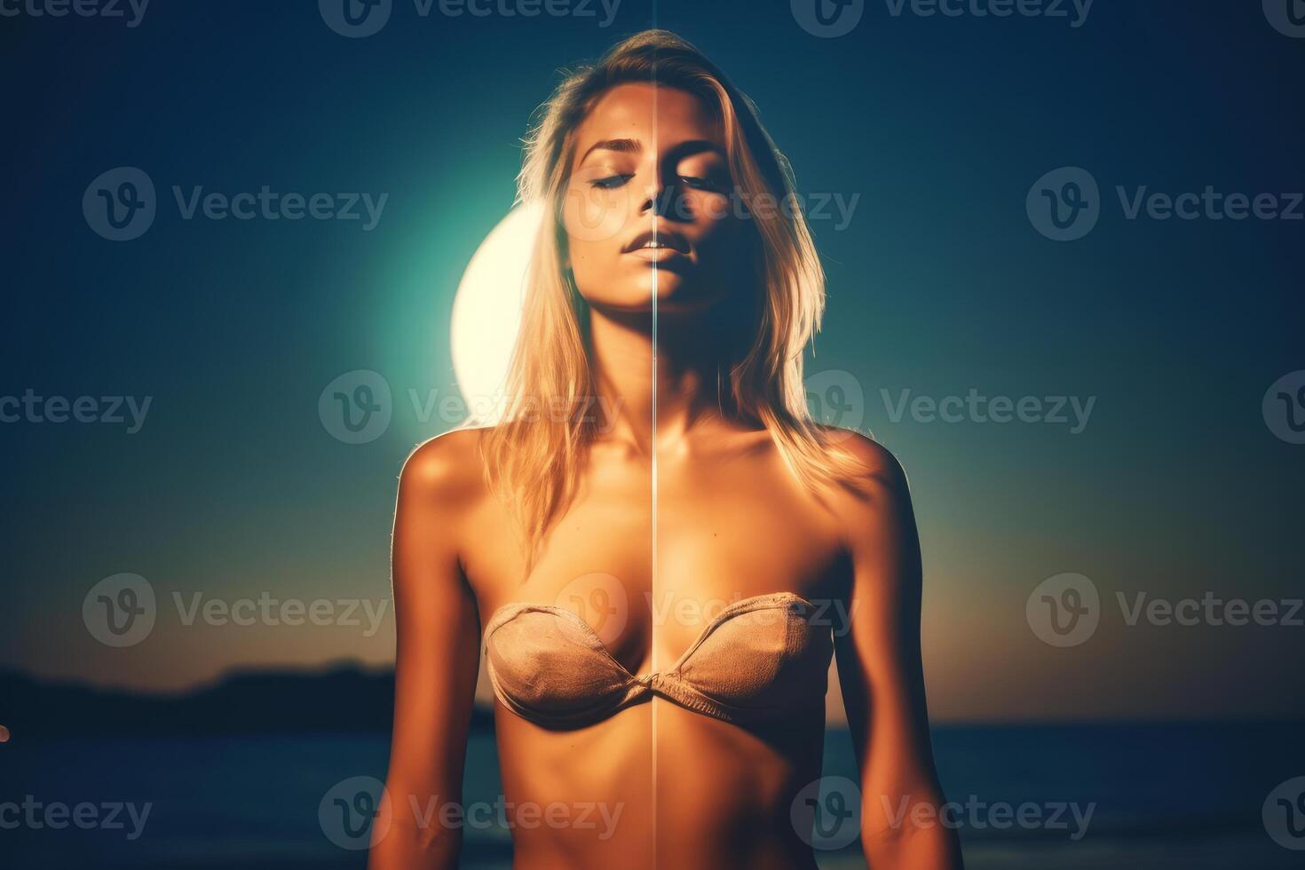 Summer Themed Double Exposure Moonlit Bikini Portrait photo