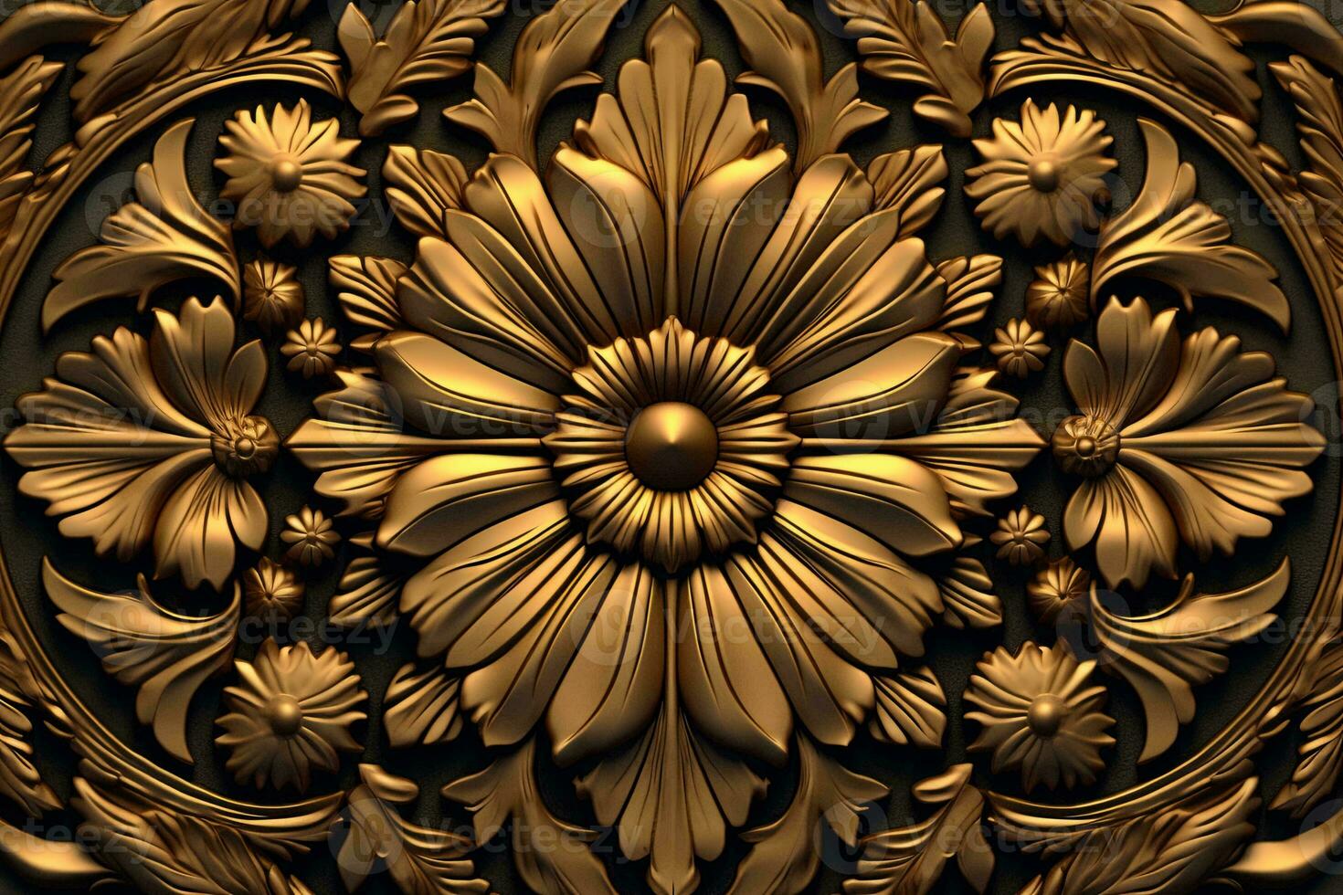 3d rendering of an ornate gold floral design on a black background generative AI photo