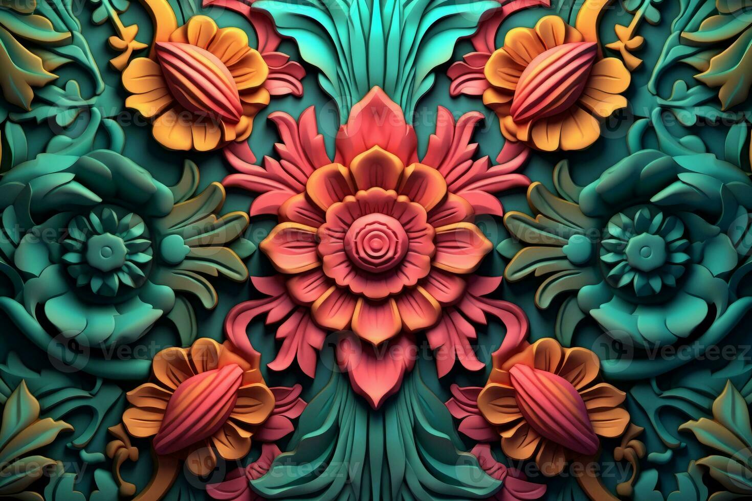 3d rendering of an ornate floral pattern on a blue background generative AI photo