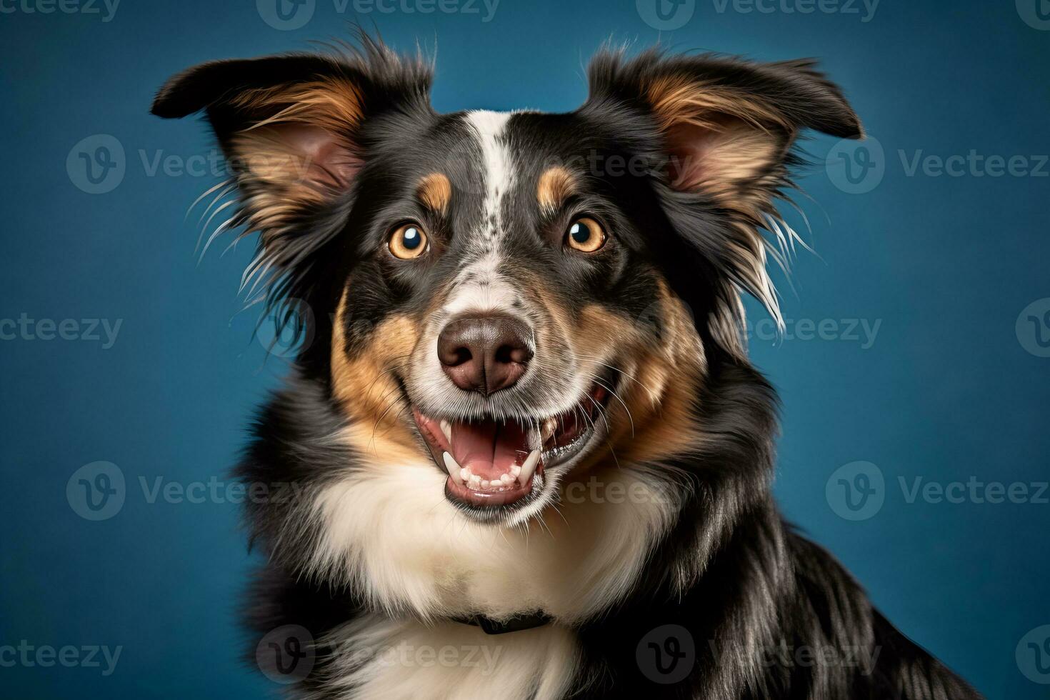 a dog is smiling in front of a blue background generative AI photo