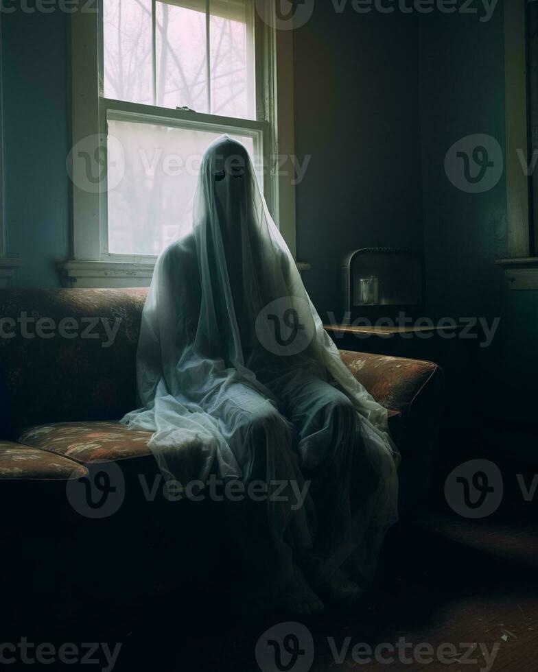 a ghost sitting on a couch in a dark room generative AI photo