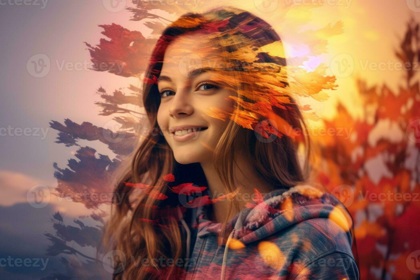 a girl is smiling in front of autumn leaves generative AI photo