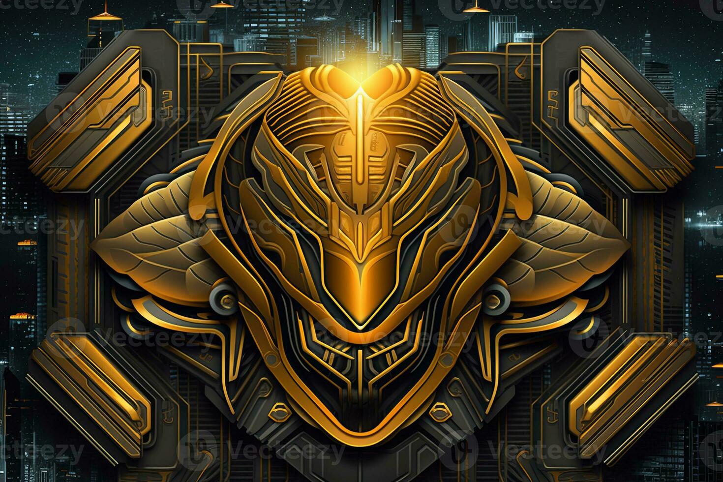 a futuristic cityscape with a gold and black design on it generative AI photo