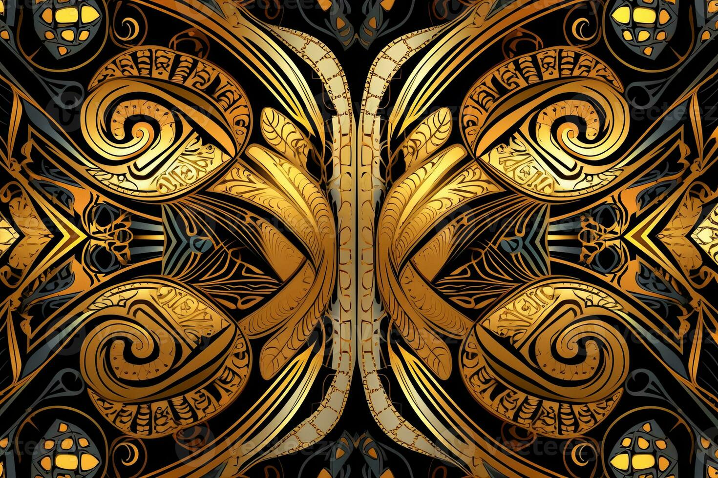 a gold and black butterfly design on a black background generative AI photo