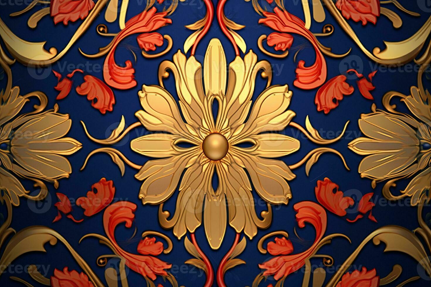 a gold and red floral pattern on a blue background generative AI photo