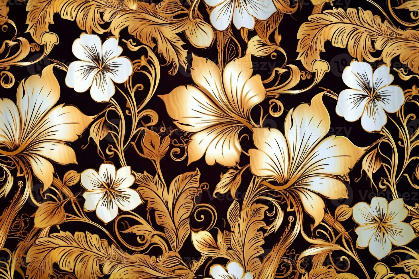 a gold and white floral pattern on a black background generative AI photo