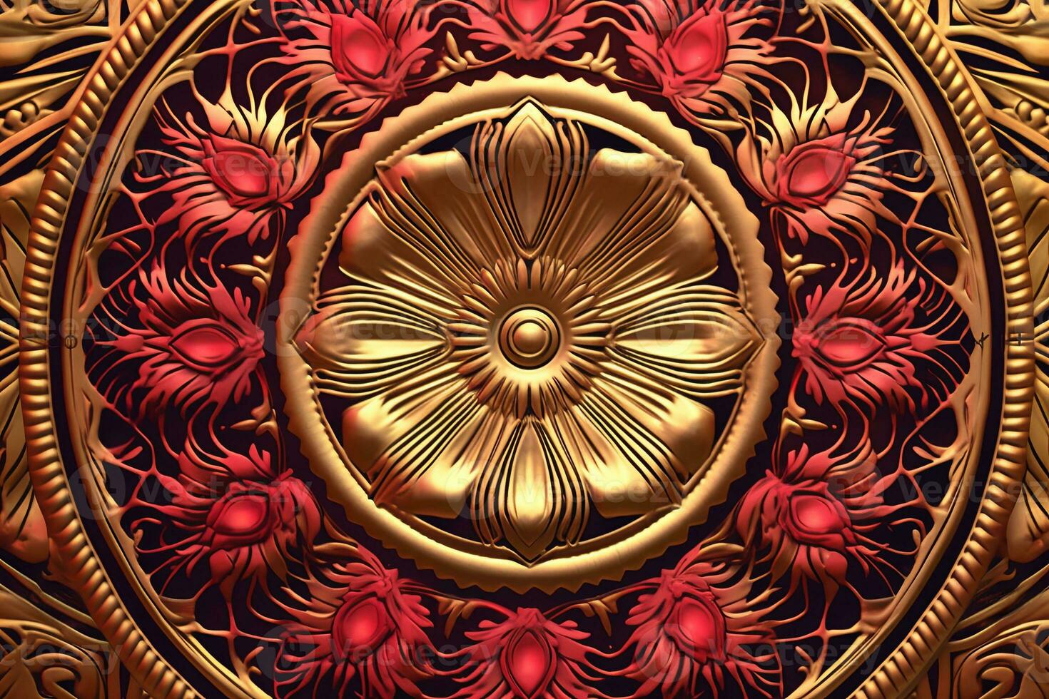 a gold and red ornate design on a black background generative AI photo
