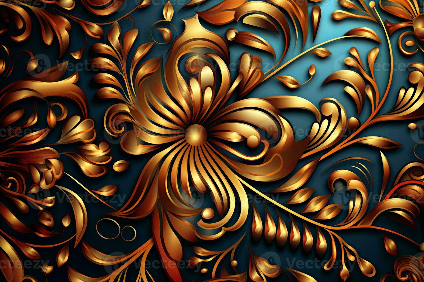 a golden floral pattern on a dark blue background generative AI photo