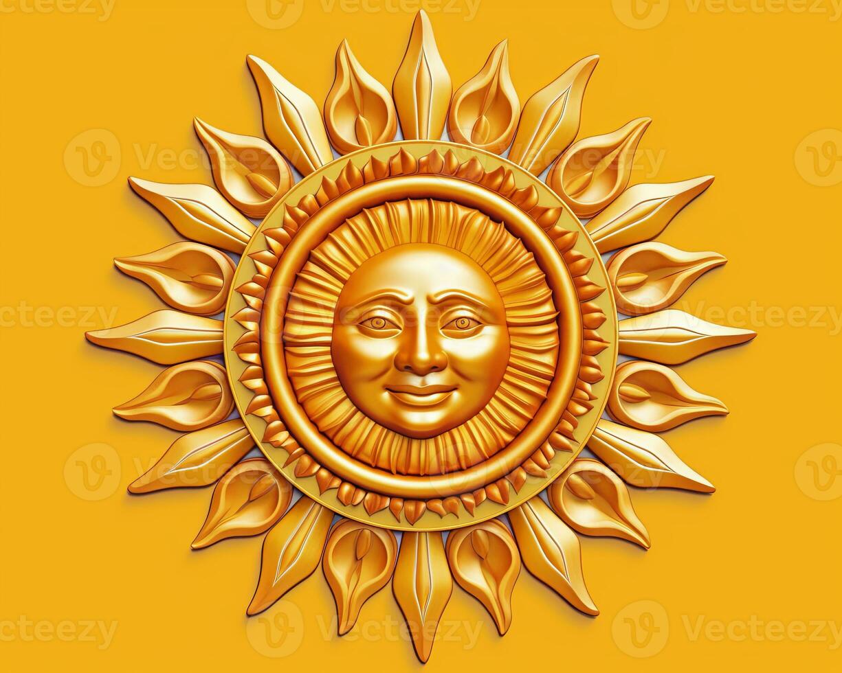 a golden sun with a smiling face on a yellow background generative AI photo