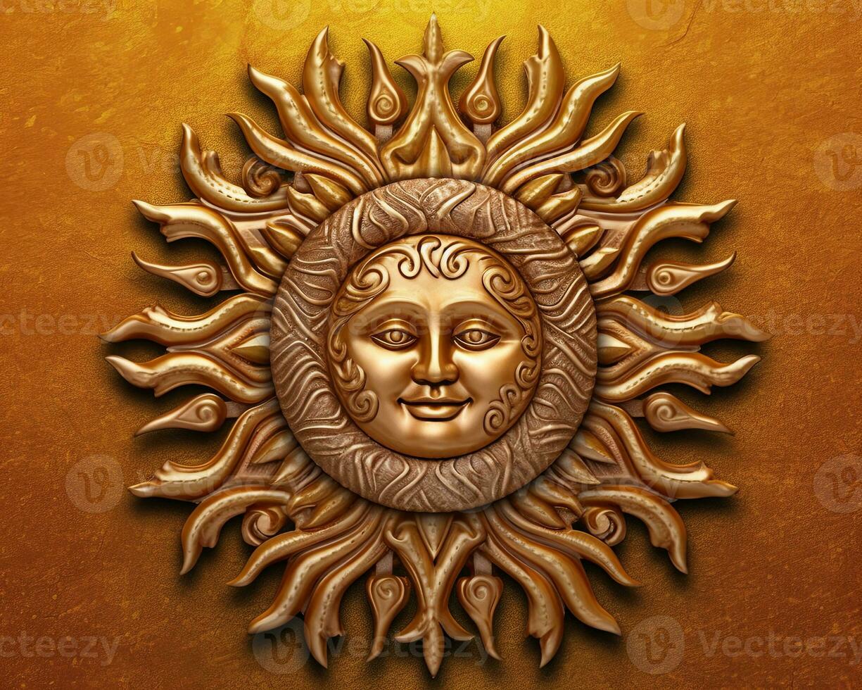 a golden sun with a face on it on a brown background generative AI photo