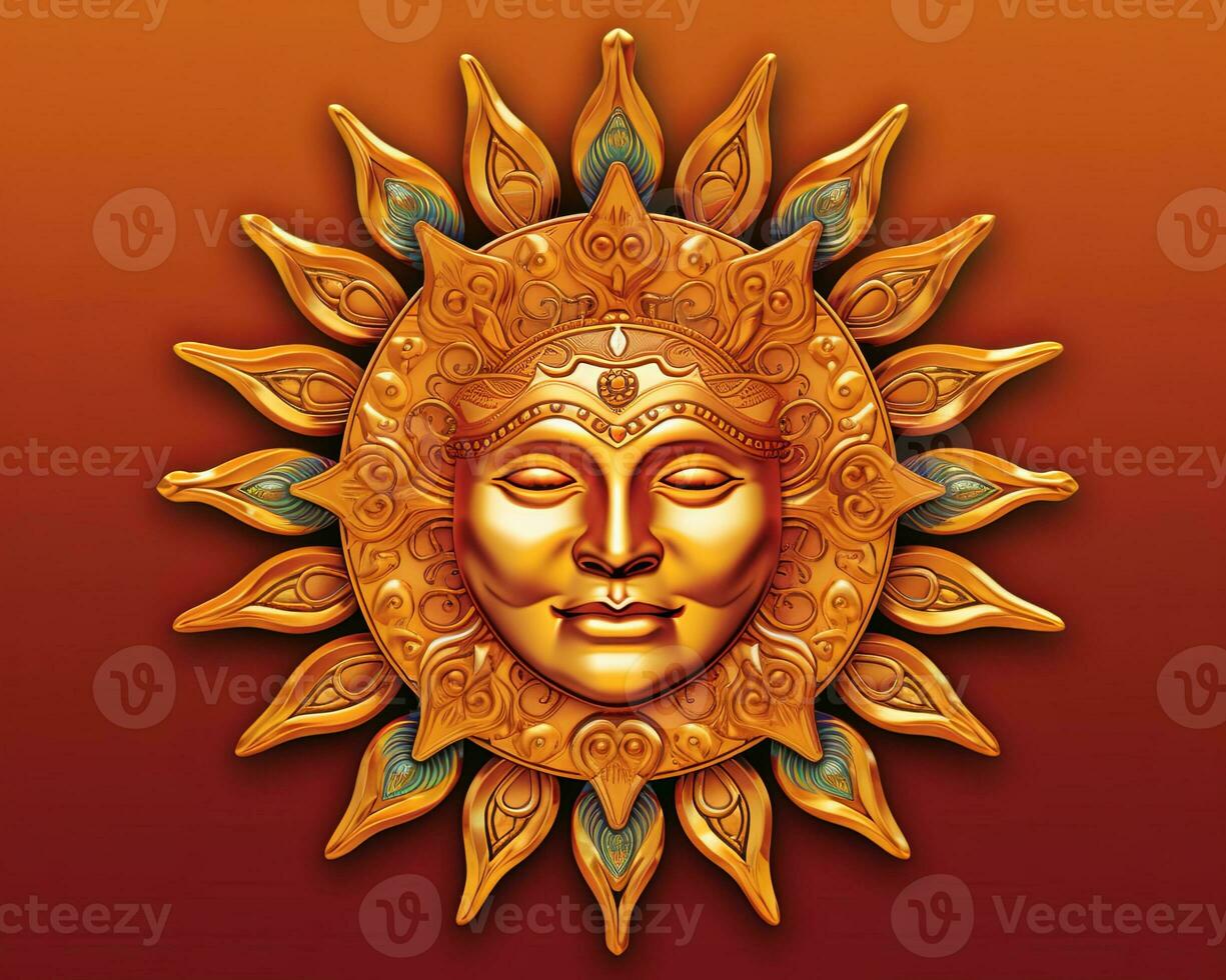 a golden sun face on an orange background generative AI photo