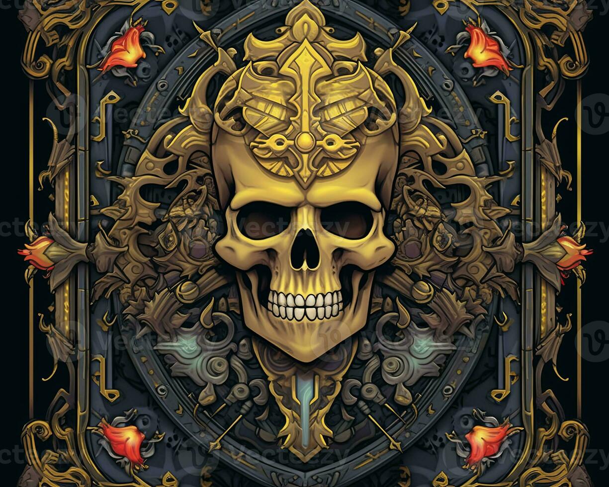 a golden skull with ornate decorations on a black background generative AI photo