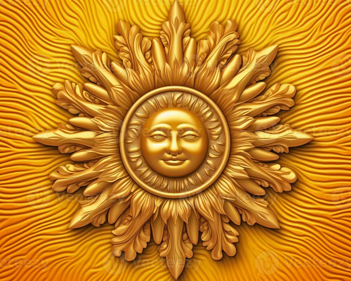 a golden sun with a face on a yellow background generative AI photo