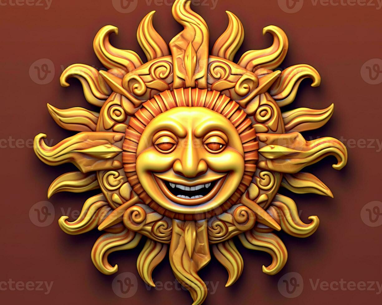 a golden sun with a smiling face on a red background generative AI photo