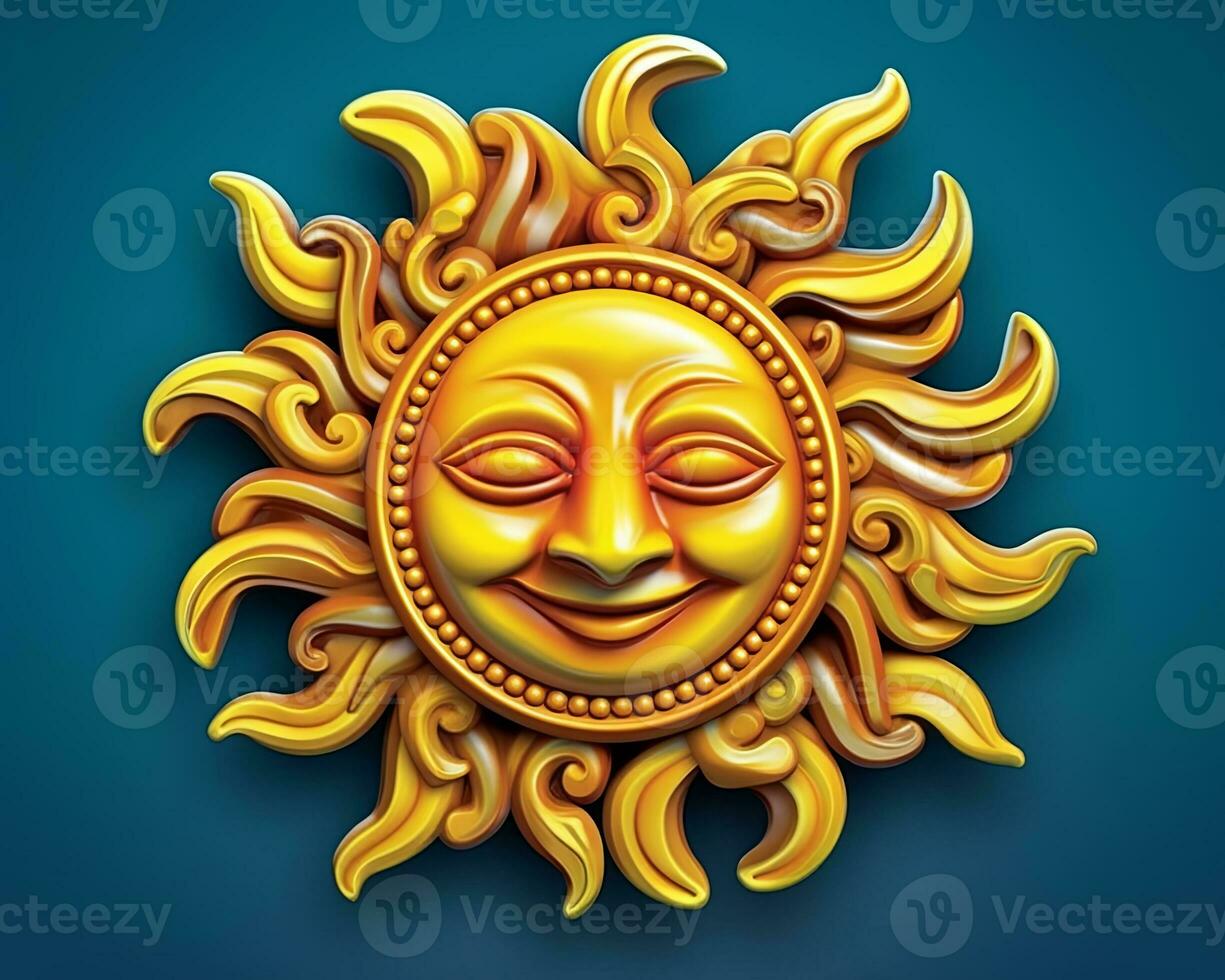 a golden sun with a smiling face on a blue background generative AI photo